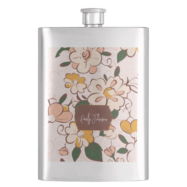Vintage Floral Pattern Custom Name Flask (Front)