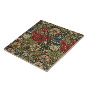 Vintage Floral Pattern Green Blue Red White Ceramic Tile