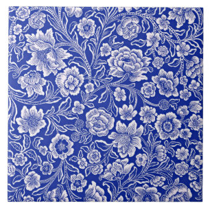 Vintage Floral Pattern in Vibrant Blue Ceramic Tile
