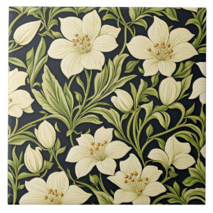 Vintage Floral Pattern, Ivory White and Green, Ceramic Tile