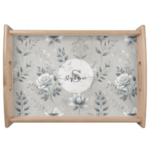 Vintage Floral Pattern on Rustic Gray Background Serving Tray