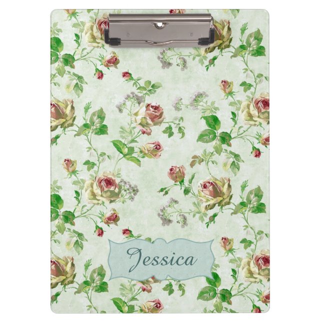 Vintage Floral Pattern Pink Roses Personalised Clipboard (Front)