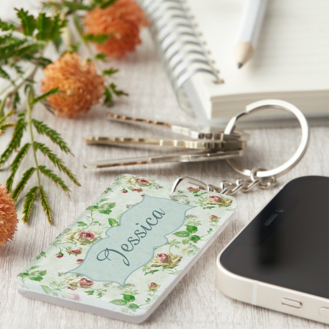 Vintage Floral Pattern Pink Roses Personalised Keychain (Front Right)