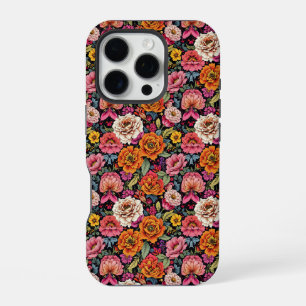 Vintage floral pattern with bold colors on black iPhone 16 pro case