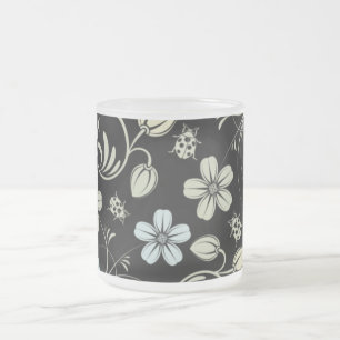 Vintage Floral Pattern with Ladybugs on Black Frosted Glass Coffee Mug