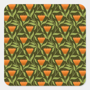 Vintage Floral Pattern with Orange Tulips Square Sticker