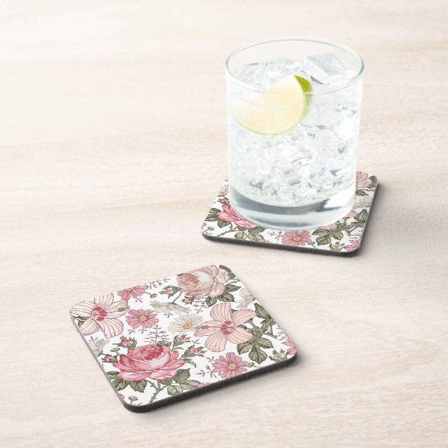 Vintage Floral Pattern with Roses Beverage Coaster (Right Side)