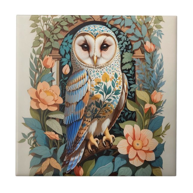 Vintage Floral Patterned Barn Owl Ceramic Tile (Front)
