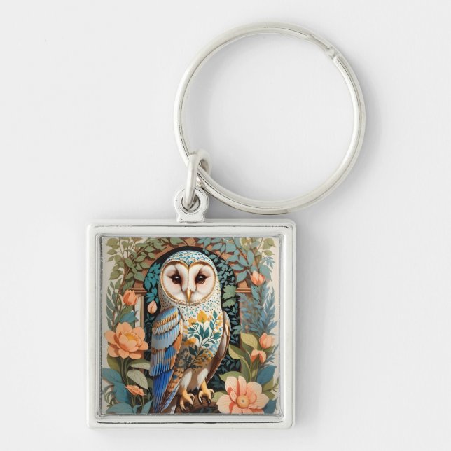 Vintage Floral Patterned Barn Owl Keychain (Front)