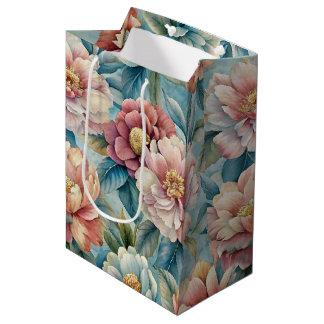 Vintage Floral Peach and Pink Patel Blue Medium Gift Bag