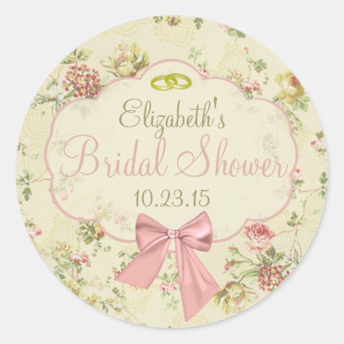 Vintage Floral Peach Bow Bridal Shower Classic Round Sticker