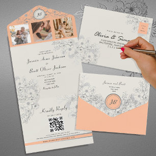 Vintage Floral Peach Photo Wedding All In One Invitation