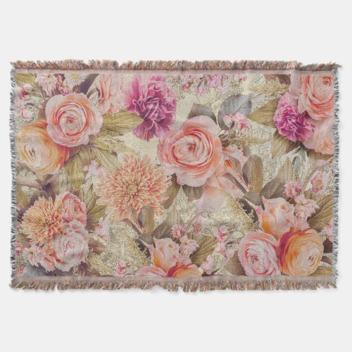 Vintage Floral Peach Pink Chic Modern Elegant  Throw Blanket