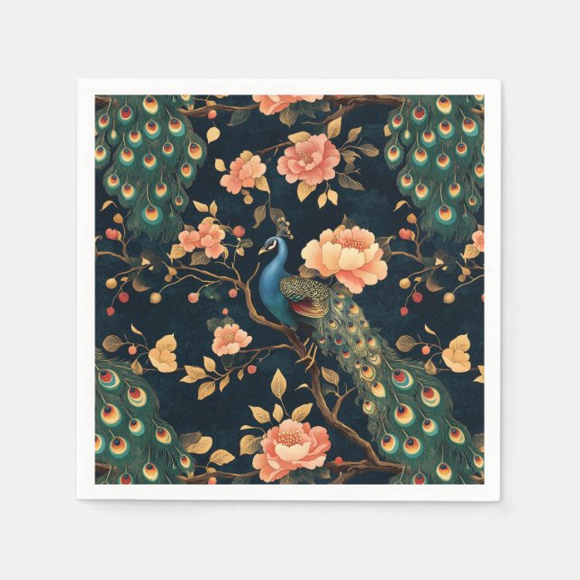 Vintage Floral Peacock Pattern Napkins (Front)