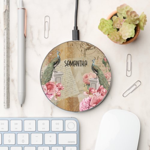 Vintage floral peacock roses glitter decoupage wireless charger 