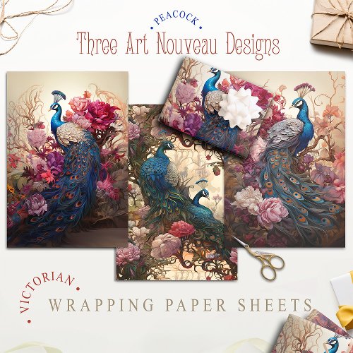 Vintage Floral Peacock Victorian Art Nouveau Wrapping Paper Sheets