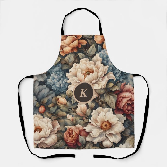 Vintage Floral Peonies and Roses Monogram Apron (Front)