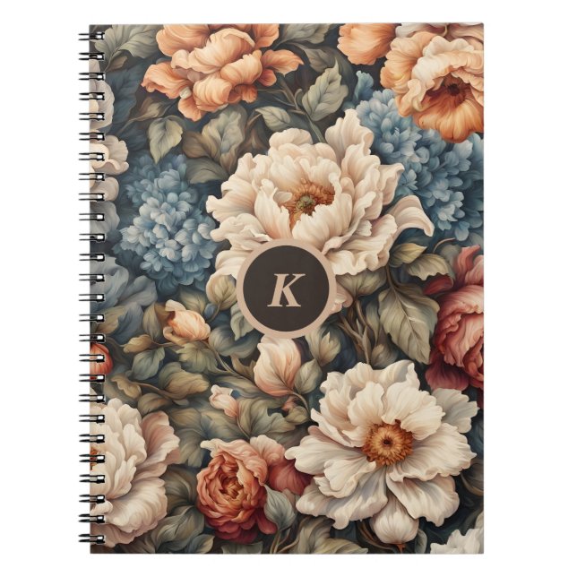 Vintage Floral Peonies and Roses Monogram Notebook (Front)