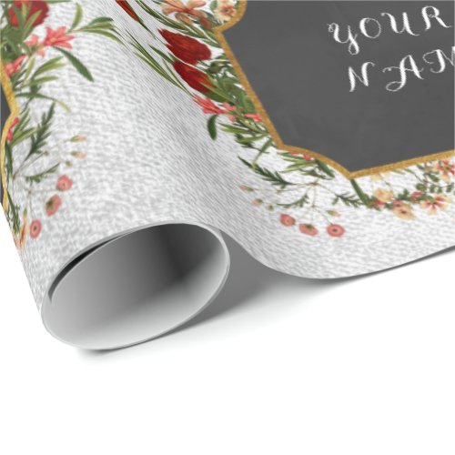 Vintage Floral Peony Personalized Name Silver Rose Wrapping Paper