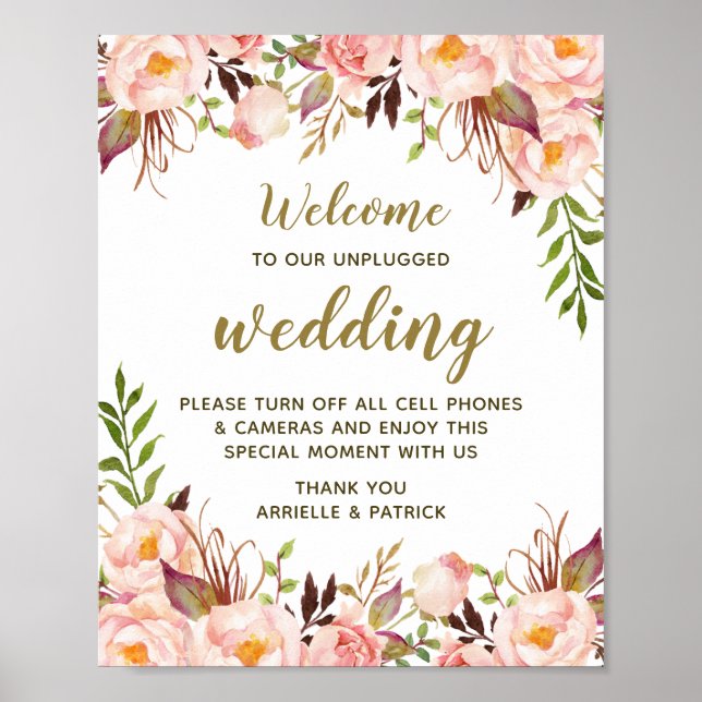 Vintage Floral Peony Pink Unplugged Wedding Sign (Front)