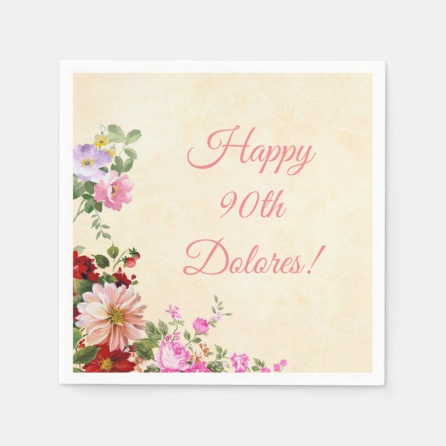 Vintage Floral Personalized 90th Birthday Napkins (Front)