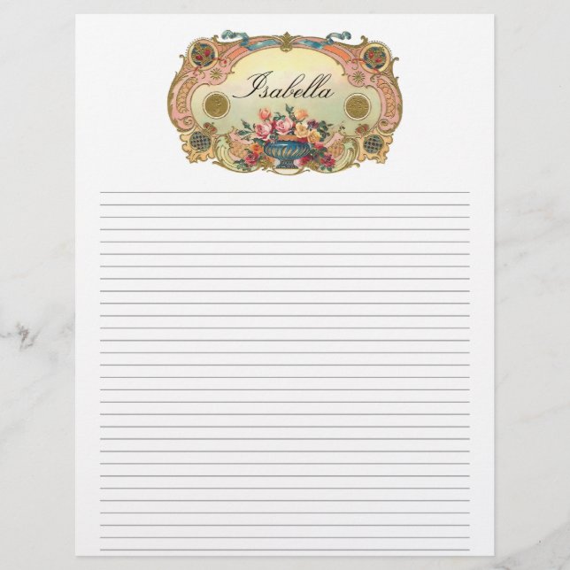 Vintage Floral Personelized Lined Letterhead (Front)