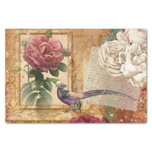 Vintage floral pheasant glitter rose decoupage tissue paper