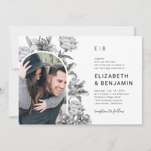 Vintage Floral Photo Arch Wedding Invitation - Flora black & white wedding invitations featuring a simple white background, a arch photo of the engaged couple, elegant grayscale garden watercolor flowers, and a modern wedding template that can easily be personalized.