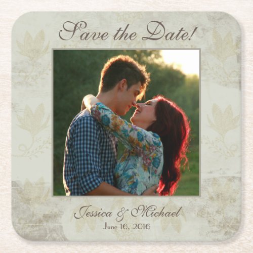 Vintage Floral Photo Save the Date Square Paper Coaster