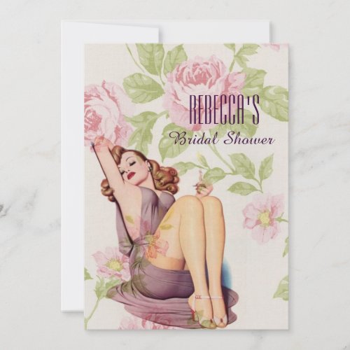 vintage floral pin up girl retro bridal shower invitation