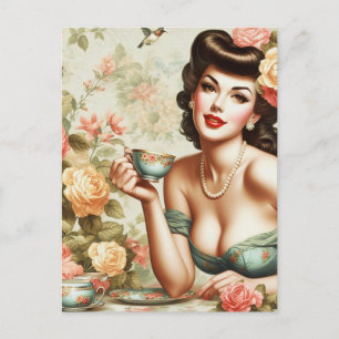 Vintage Floral Pin Up Postcard