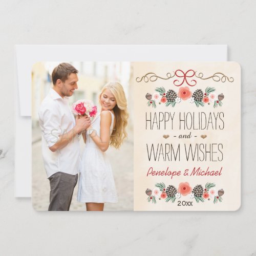 Vintage Floral Pine Cone Photo Holiday Card