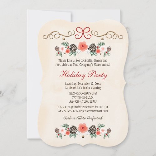 Vintage Floral Pinecone Business Holiday Party Invitation