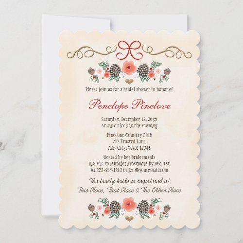 Vintage Floral Pinecone Christmas Bridal Shower Invitation