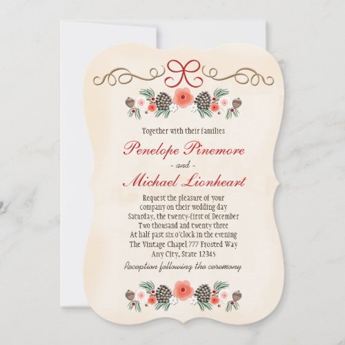 Vintage Floral Pinecone Christmas Wedding Invitation