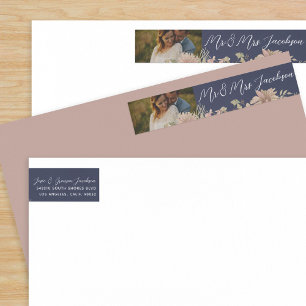 Vintage Floral Pink and Navy Blue Wedding Wrap Around Label