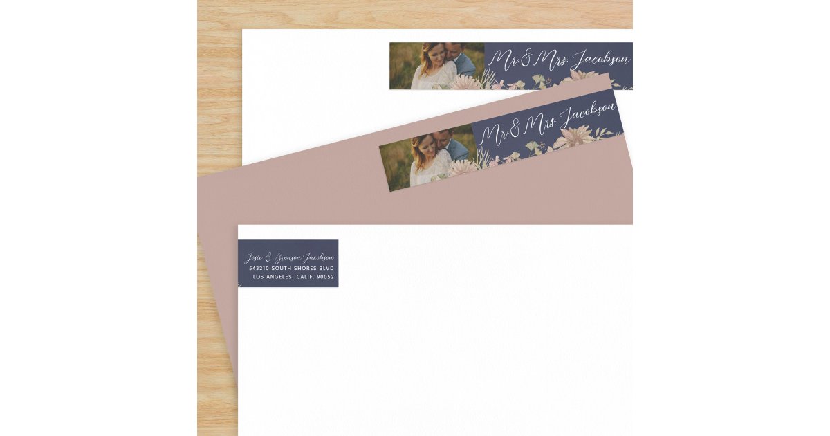 Vintage Floral Pink and Navy Blue Wedding Wrap Around Label | Zazzle
