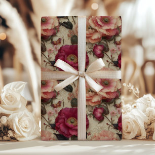 Vintage Floral Pink and Peach Rose Garden Romantic Wrapping Paper Sheets