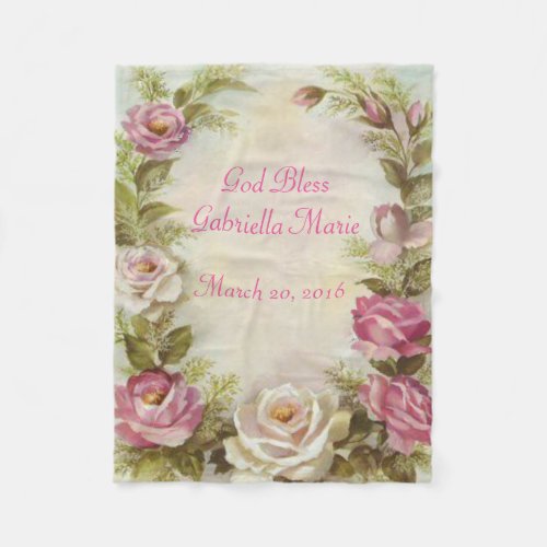 Vintage Floral Pink and White Rose Spray Fleece Blanket