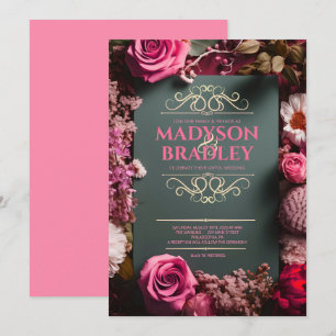 Vintage Floral Pink Black Storybook Book Wedding Invitation