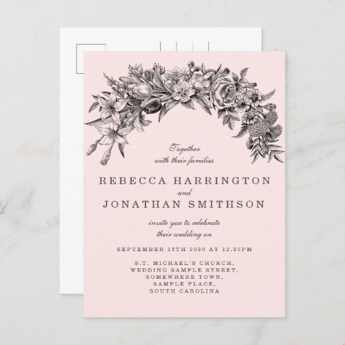 Vintage Floral Pink Black Wedding Invitation