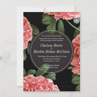 Vintage Floral Pink Black & White Wedding Invite