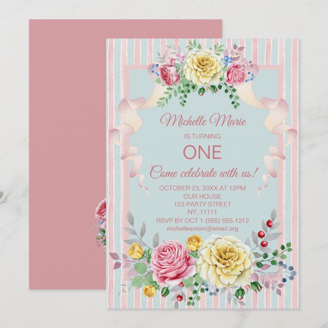 Vintage Floral Pink Blue First Birthday Invitation (Front/Back)