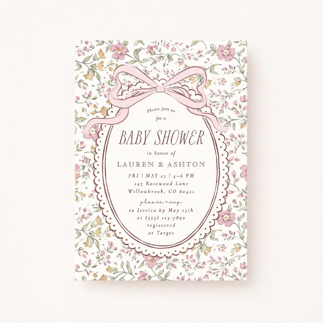 Vintage Floral Pink Bow Baby Shower Invitation | Zazzle