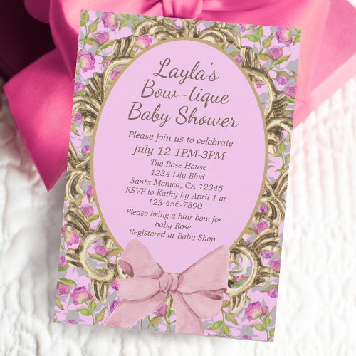 Vintage Floral Pink Bow Boutique Baby Girl Shower Invitation