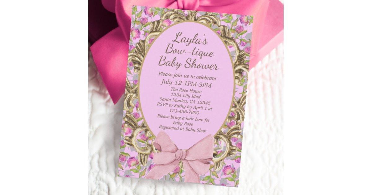 Vintage Floral Pink Bow Boutique Baby Girl Shower Invitation | Zazzle