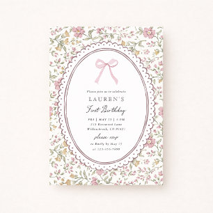 Vintage Floral Pink Bow First Birthday Invitation 