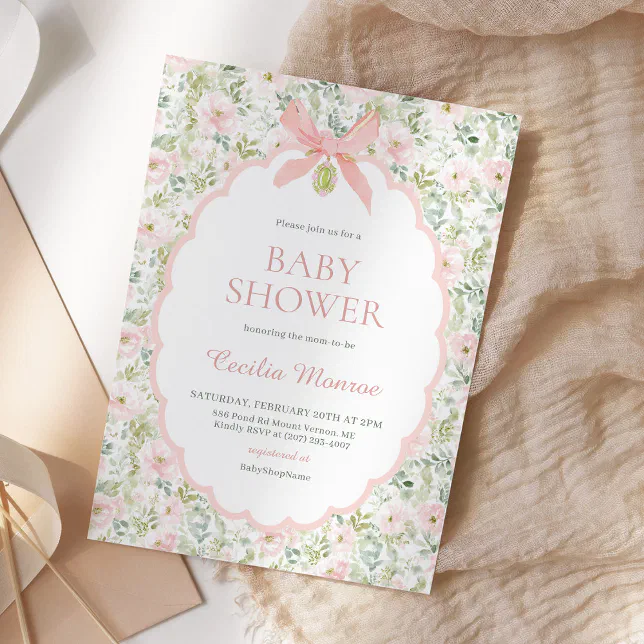 Vintage Floral Pink Bow Girl Baby Shower Invitation | Zazzle