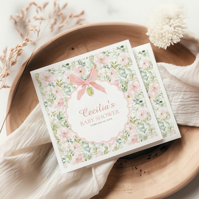 Vintage Floral Pink Bow Girl Baby Shower Napkins (Creator Uploaded)