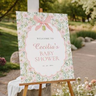 Vintage Floral Pink Bow Girl Baby Shower Welcome Foam Board